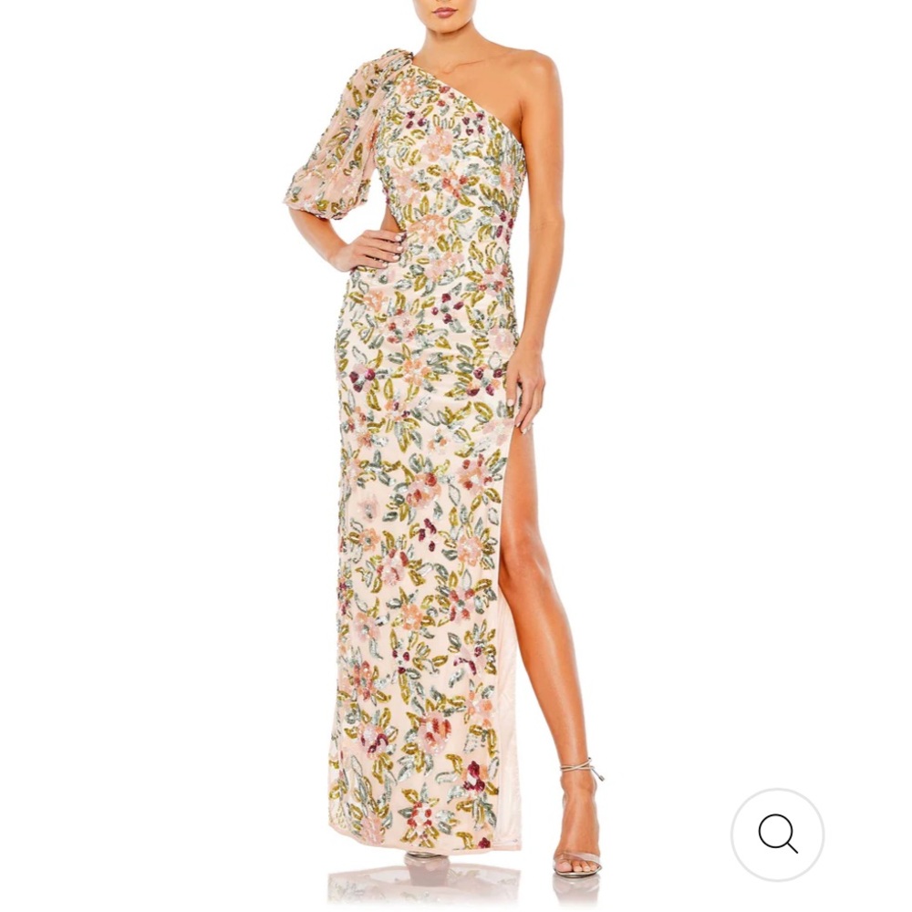 Mac Duggal 0 NWT One Shoulder Floral Embellished Maxi Gown Nude Multi Slit